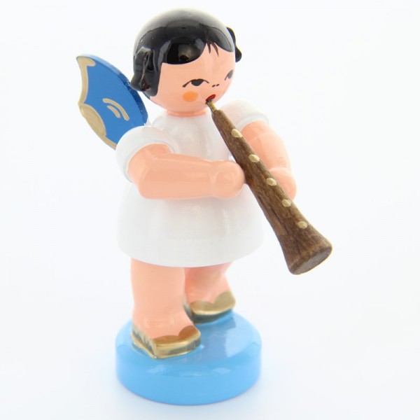 Uhlig Engel stehend mit Oboe, blaue Flügel, handbemalt