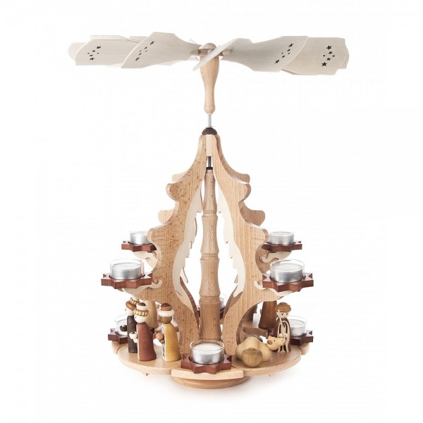 Dregeno Erzgebirge - Pyramide Weihnachtskranz mit Christi Geburt, für Teelichte - 47cm
