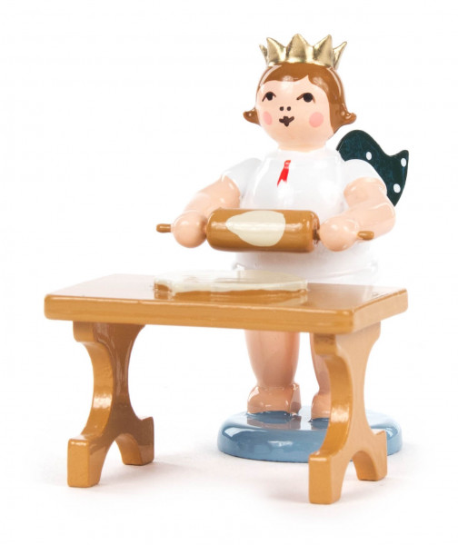 Dregeno Erzgebirge - Bäckerengel am Tisch mit Teigrolle und Krone