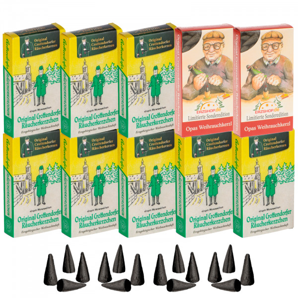 Original Crottendorfer Räucherkerzen Nostalgie Weihnachtsduft - 10 Schachteln - 8x Nostalie Edition Weihnachtsduft, 2x Opas Weihrauchkerzl