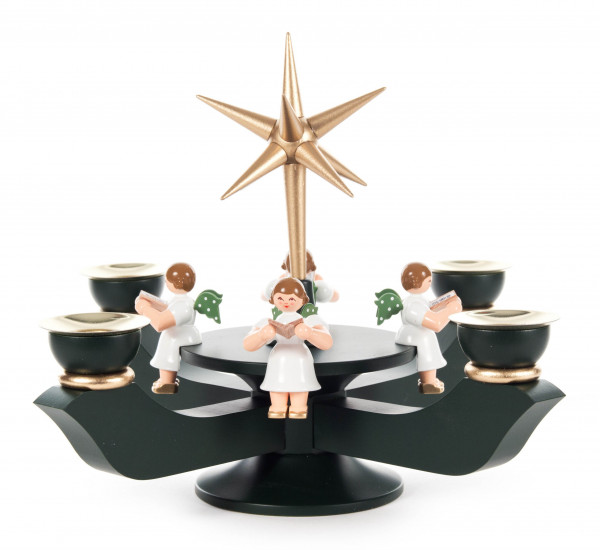 Dregeno Erzgebirge - Adventsleuchter mit Stern und sitzenden Engeln dunkelgrün klein, für Kerzen Ø 17 mm