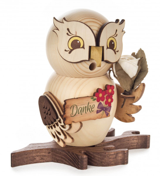 Dregeno Erzgebirge - Räucherfigur Eule mit Schild »Danke«