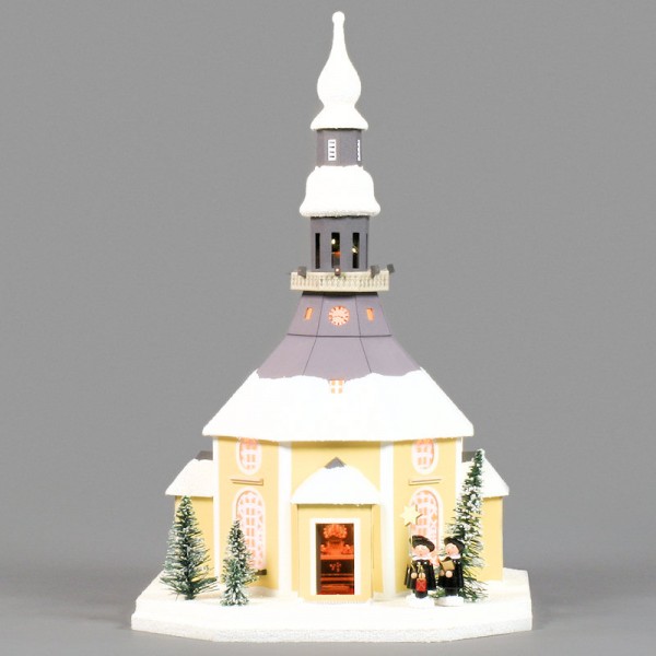 Dregeno Erzgebirge - Lichterhaus Seiffener Kirche aus Pappe mit Kurrende, beleuchtet - 42cm