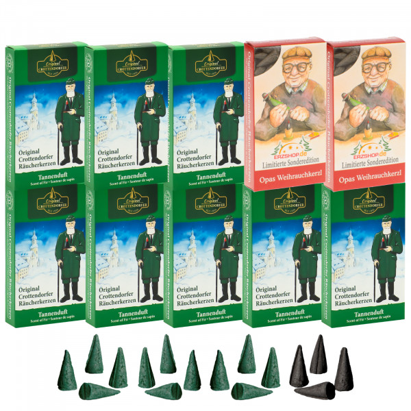 Original Crottendorfer Räucherkerzen Tannenduft - 10 Schachteln - 8x Tannenduft, 2x Opas Weihrauchkerzl