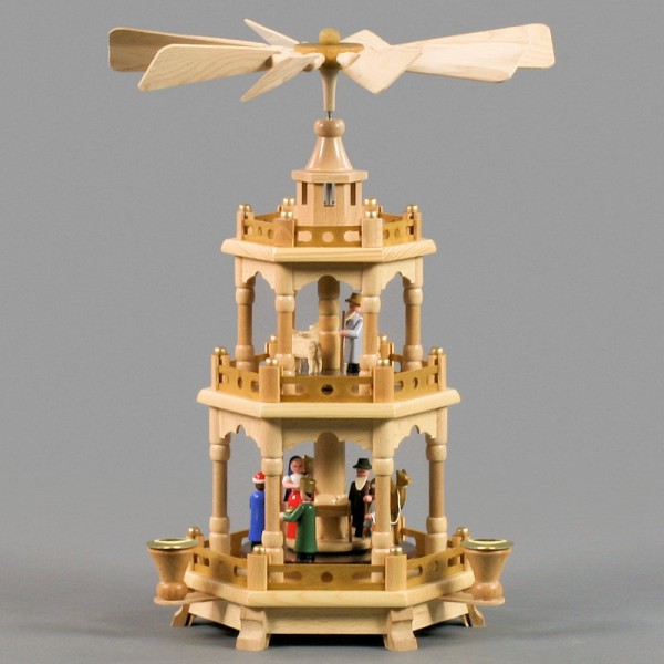 Dregeno Erzgebirge - Pyramide 2-stöckig mit Christi Geburt, Figuren farbig - 42cm