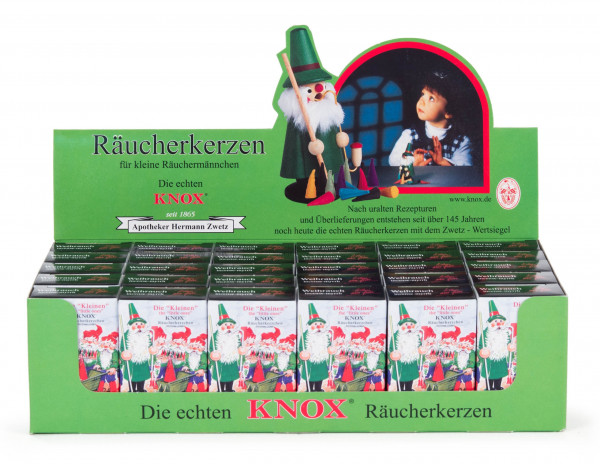Dregeno Erzgebirge - Verkaufsdisplay KNOX Mini-Räucherkerzen Weihrauch, 30 Schachteln à 24 Stück