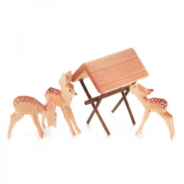 Dregeno Erzgebirge - Miniatur-Geschnitzte Rehe mit Futterraufe, 4-teilig