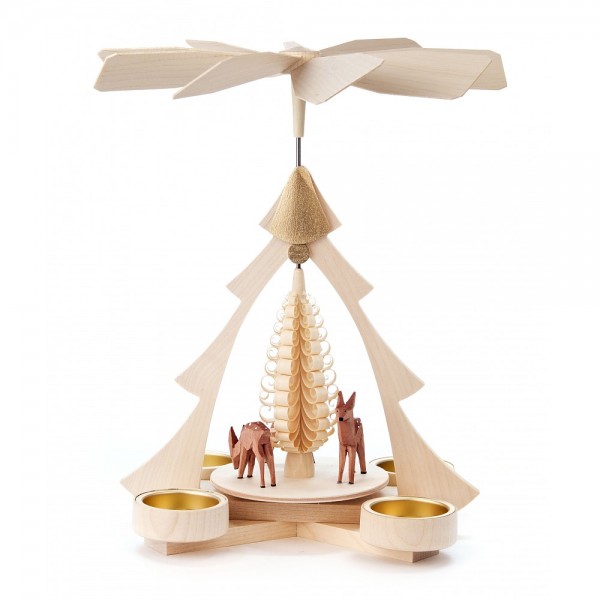Dregeno Erzgebirge - Pyramide klein mit geschnitzte Rehe, für Teelichter - 27cm
