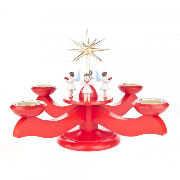 Dregeno Erzgebirge - Adventsleuchter mit Stern und Engeln, für Teelichter, rot - 25cm