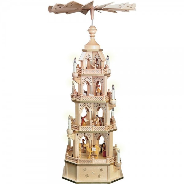 Richard Glässer Gotische Pyramide gesägt Naturholz Christi Geburt 4-stöckig elektrisch 90cm