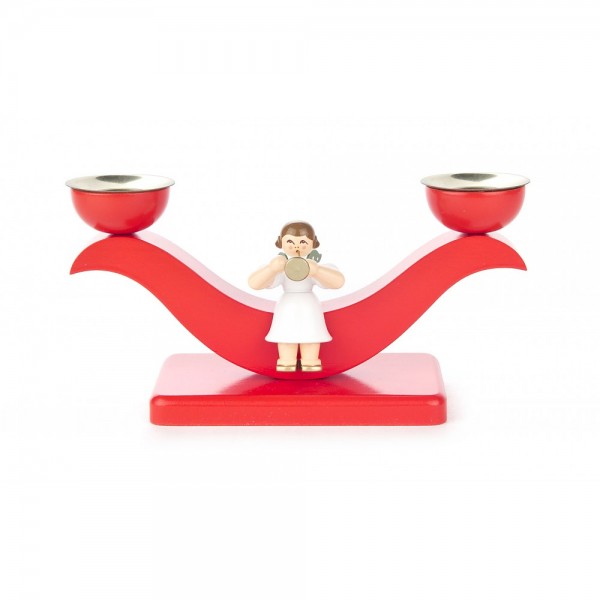Dregeno Erzgebirge - Leuchter 2armig mit sitzenden Engel, rot - 8cm