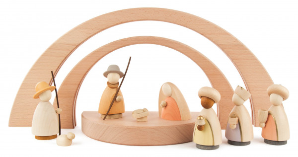 Dregeno Erzgebirge - Schwibbogen 3-teilig (1 Sockel, 2 Bögen mit LED-Beleuchtung) und Heiliger Familie, natur