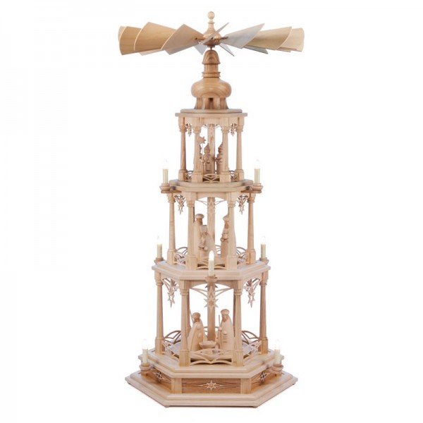 Dregeno Erzgebirge - Pyramide Sternenmotiv, 3-stöckig, mit Figurensatz Weinachtsgeschichte