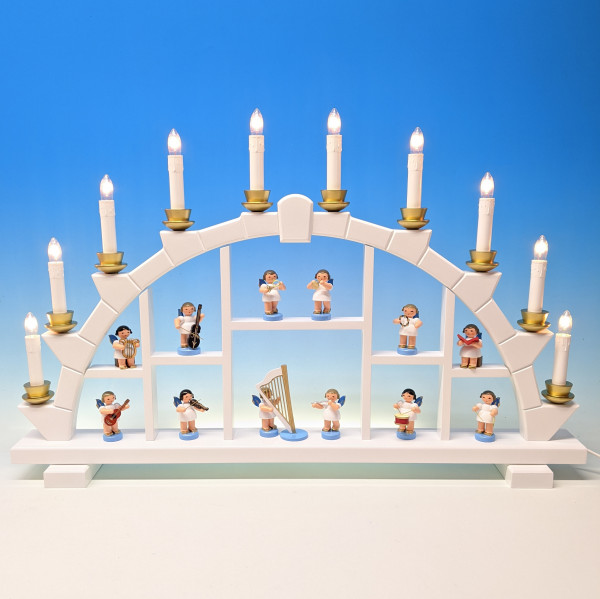 Schwibbogen weiß, 10 elektr. Kerzen, 12 Instrumetenengel 60 mm + Harfe, blaue Flügel