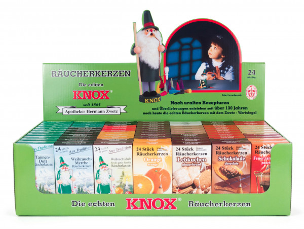 Dregeno Erzgebirge - Verkaufsdisplay KNOX Räucherkerzen, 70 Schachteln à 24 Stück