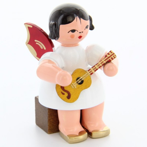Uhlig Engel sitzend mit Ukulele, rote Flügel, handbemalt