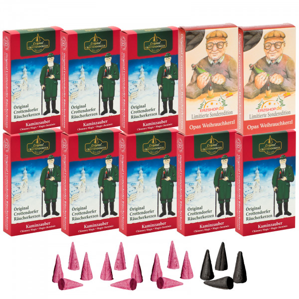 Original Crottendorfer Räucherkerzen Kaminzauber - 10 Schachteln - 8x Kaminzauber, 2x Opas Weihrauchkerzl