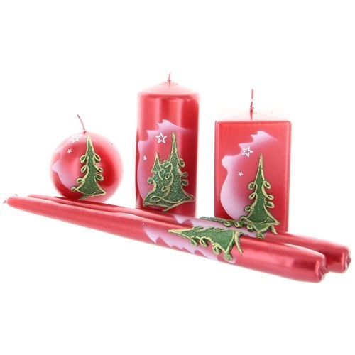 Weihnachtskerze Rotmetallic - Kerzenset mit Tanne - 5-teilig