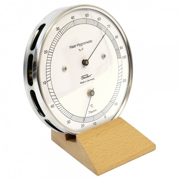 Fischer Präzis Haar-Hygrometer mit Thermometer im Edelstahlgehäuse mit Holzfuss Buche