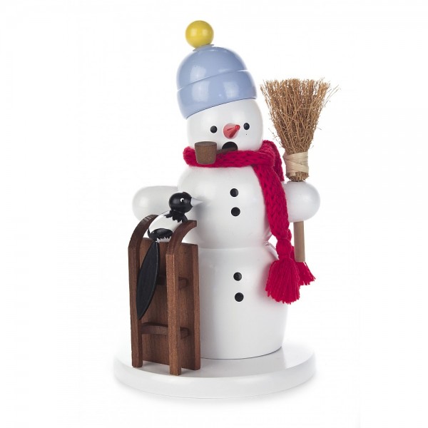 Dregeno Erzgebirge - Räuchermann Schneemann mit Schlitten - 17cm