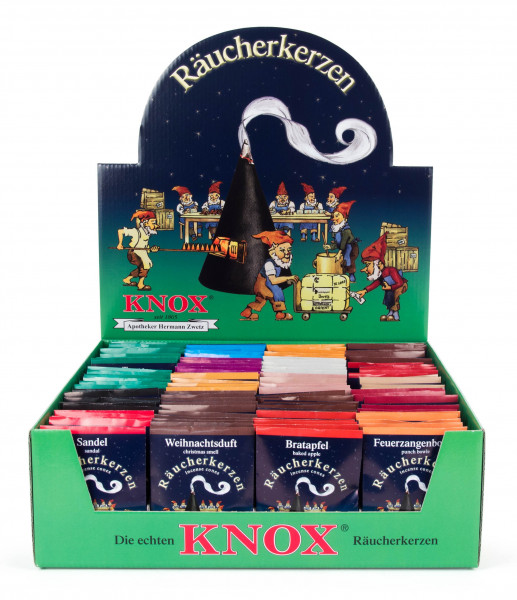 Dregeno Erzgebirge - Verkaufsdisplay KNOX Räucherkerzen, 100 Beutel à 5 Stück