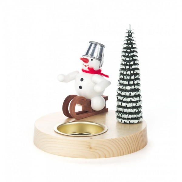 Dregeno Erzgebirge - Teelichthalter mit Schneemann als Schlittenfahrer - 10cm