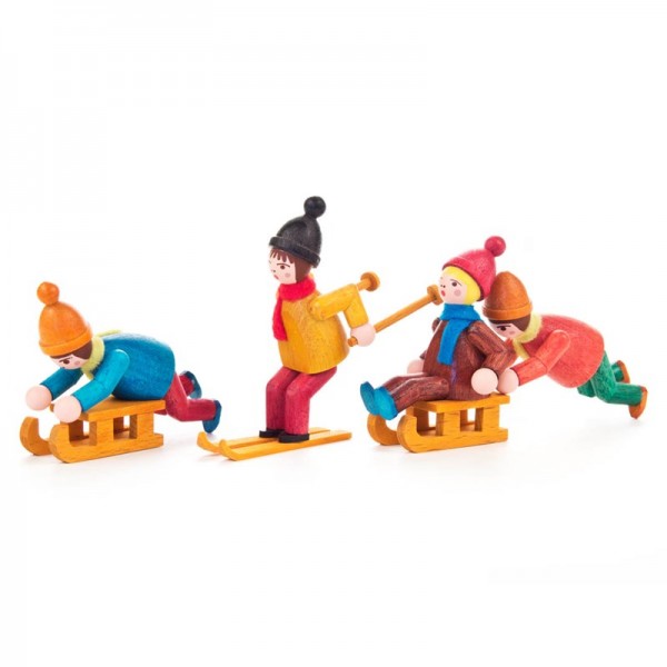 Dregeno Erzgebirge - Miniatur-Wintersportler, farbig lasiert, 4 Figuren
