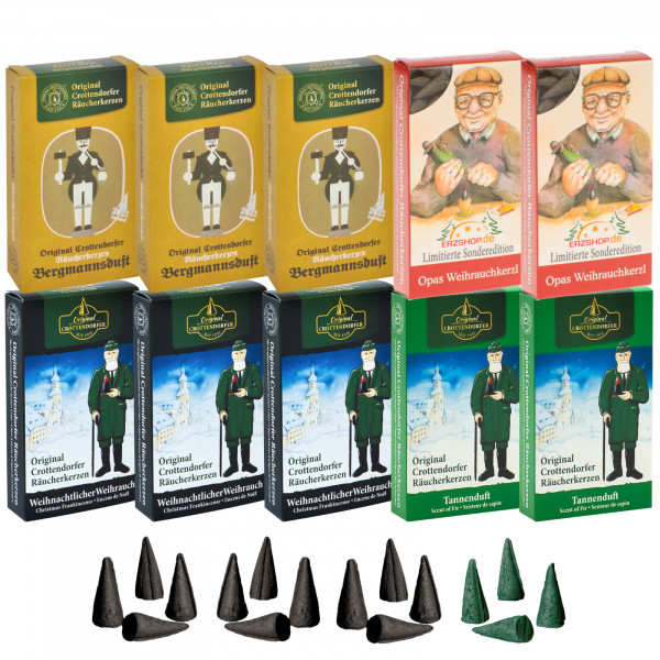 Original Crottendorfer Räucherkerzen Adventszauber - 10 Schachteln - 3x Bergmannsduft, 3x Weihrauch, 2x Tannenduft, 2x Opas Weihrauchkerzl