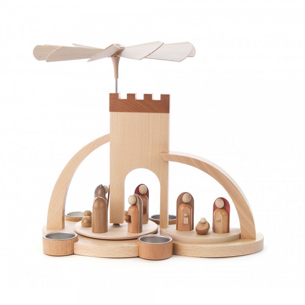 Dregeno Erzgebirge - Pyramide Torbogen natur mit Christi Geburt, moderne Figuren - 33cm