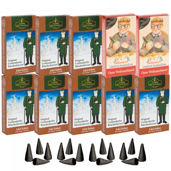 Original Crottendorfer Räucherkerzen Edel-Kakao - 10 Schachteln - 8x Edel-Kakao, 2x Opas Weihrauchkerzl