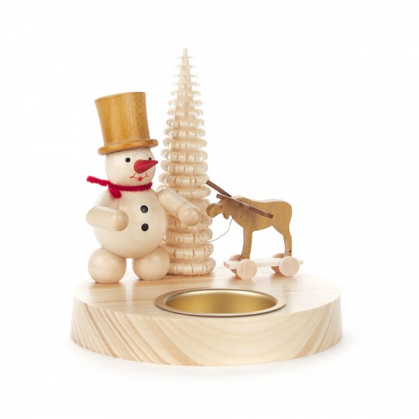 Dregeno Erzgebirge - Teelichthalter mit Schneemann und Elch natur - 10cm