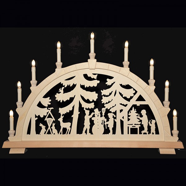 Holzkunst Niederle - Großer Schwibbogen mit geschnitzten Bogen - Motiv Bescherung