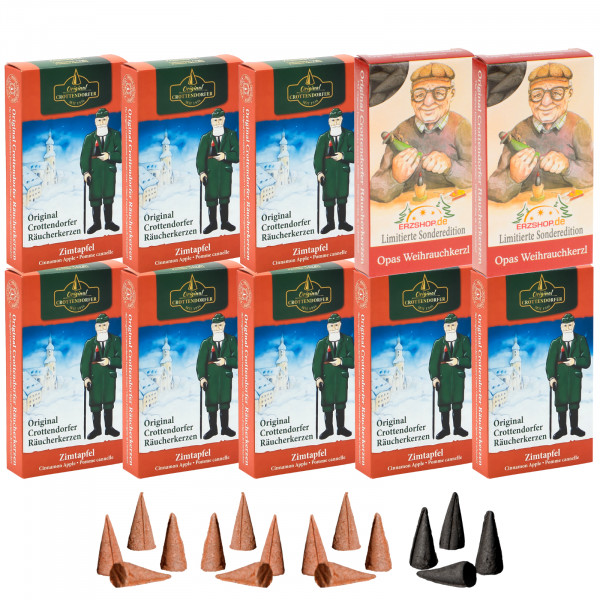 Original Crottendorfer Räucherkerzen Zimtapfel - 10 Schachteln - 8x Zimtapfel, 2x Opas Weihrauchkerzl