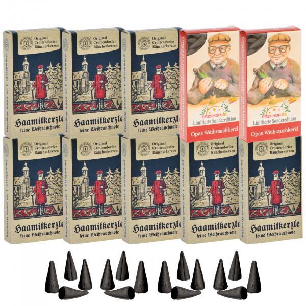 Original Crottendorfer Räucherkerzen Haamitkerzle - 10 Schachteln - 8x Nostalie Edition Haamitkerzle, 2x Opas Weihrauchkerzl