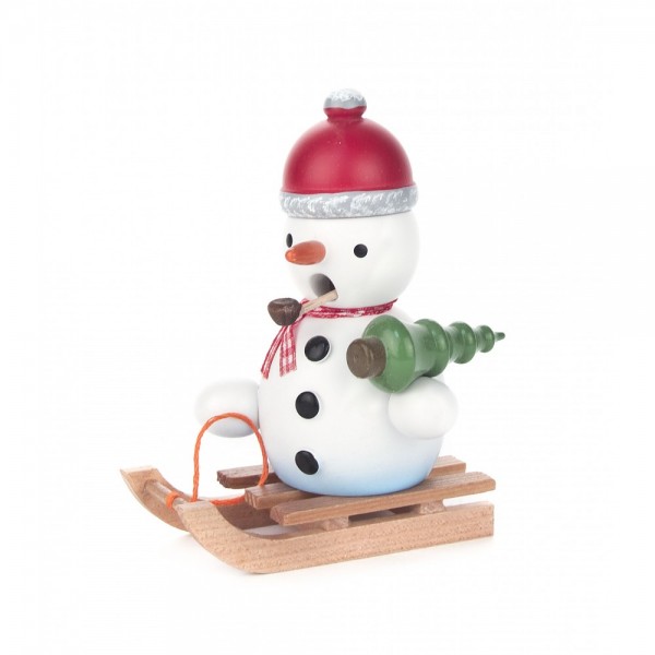 Dregeno Erzgebirge - Miniatur-Räuchermann Schneemann auf Schlitten - 10cm