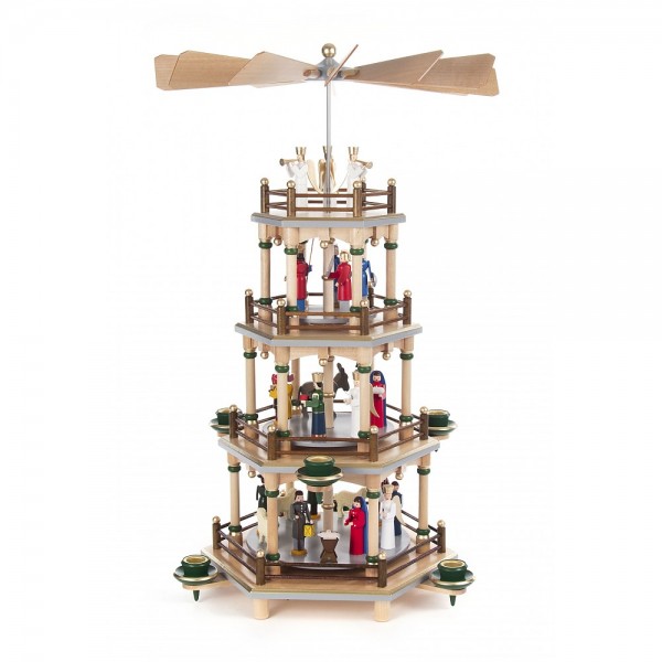 Dregeno Erzgebirge - Pyramide 4-stöckig mit Christi Geburt, natur - 46cm