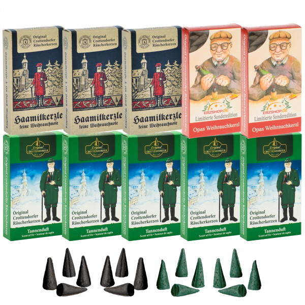 Original Crottendorfer Räucherkerzen Duftende Erinnerung - 10 Schachteln - 3x Haamitkerzle, 5x Tannenduft, 2x Opas Weihrauchkerzl