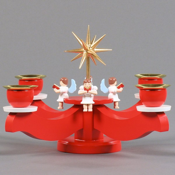 Dregeno Erzgebirge - Adventsleuchter mit Stern und Engeln, rot - 18cm
