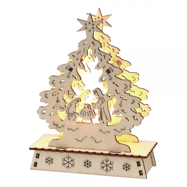 Restposten - Holz Mini-Schwibbogen Weihnachtsbaum (Heilige Nacht) (Laserholz) 14,7 x 5 x 11 cm LED