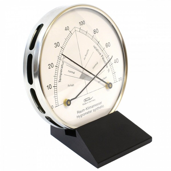 Fischer Raum-Klimamesser synthetic mit Thermometer im Edelstahlgehäuse mit Holzfuss Schwarz
