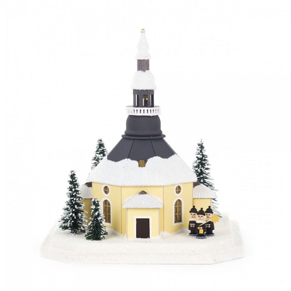 Dregeno Erzgebirge - Lichterhaus Seiffener Kirche klein aus Pappe mit Kurrende, beleuchtet - 22cm
