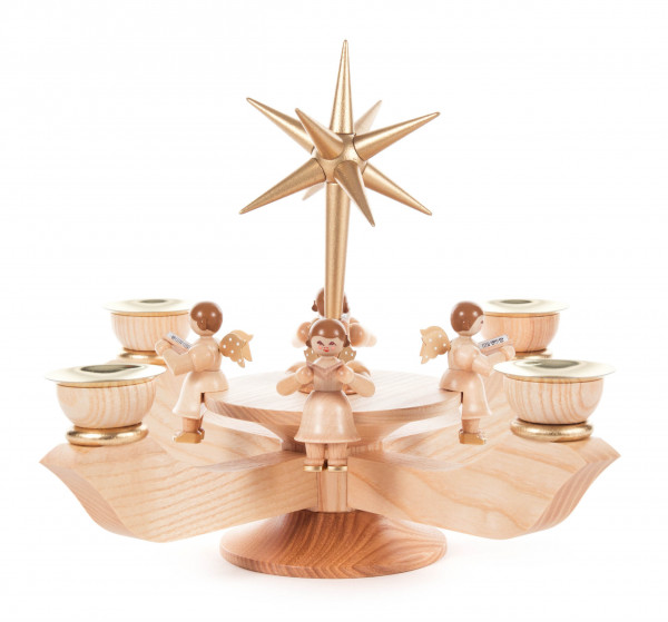 Dregeno Erzgebirge - Adventsleuchter mit Stern und sitzenden Engeln natur klein, für Kerzen Ø 17 mm