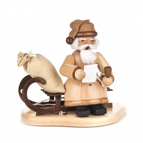 Dregeno Erzgebirge - Räuchermann Weihnachtsmann auf Schlitten, natur - 15cm