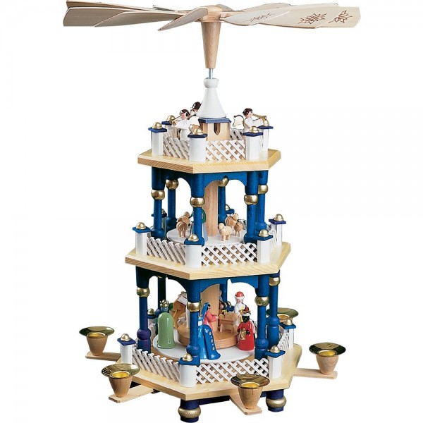 Richard Glässer Erzgebirgspyramide Christi Geburt 2-stöckig blau 40cm