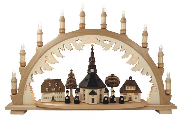Lenk & Sohn Schwibbogen Erzgebirge 2-fach, 10-flammig Seiffener Kirche mit Kurrende