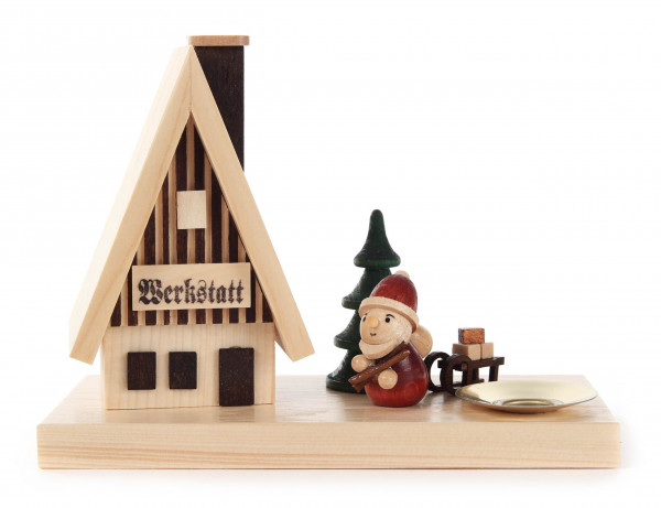 Dregeno Erzgebirge - Räucherhaus Werkstatt mit Weihnachtsmann und Kerzenhalter für Kerze Ø 14 mm