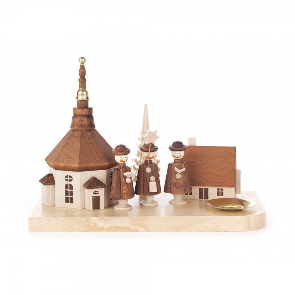 Dregeno Erzgebirge - Kerzenhalter mit Seiffener Kirche, Haus und Kurrende - 13cm
