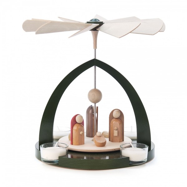 Dregeno Erzgebirge - Spitzbogen-Pyramide mit Christi Geburt, grün mit moderne Figuren - 23cm