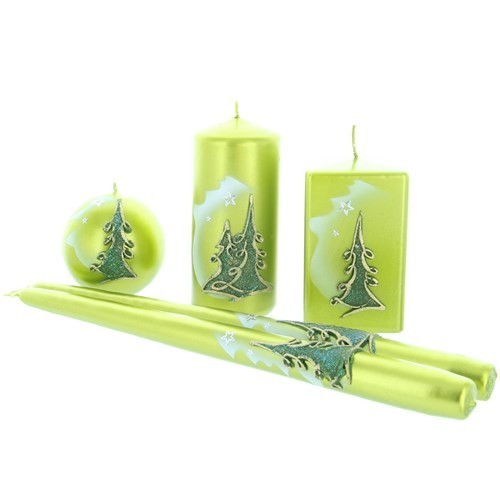Weihnachtskerze Grün-metallic - Kerzenset mit Tanne - 5-teilig