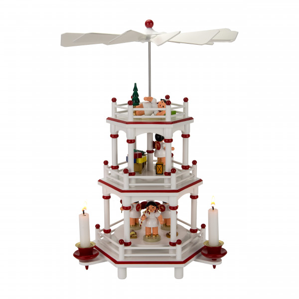 Pyramide 3 Etagen weiß / rot, 35 cm, SK-Engel + Geschenkeschlitten mit roten Flügeln und Zubehör